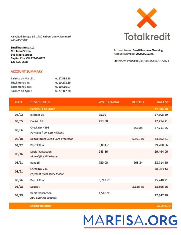 Printable Totalkredit Bank organization account statement Word and PDF real example